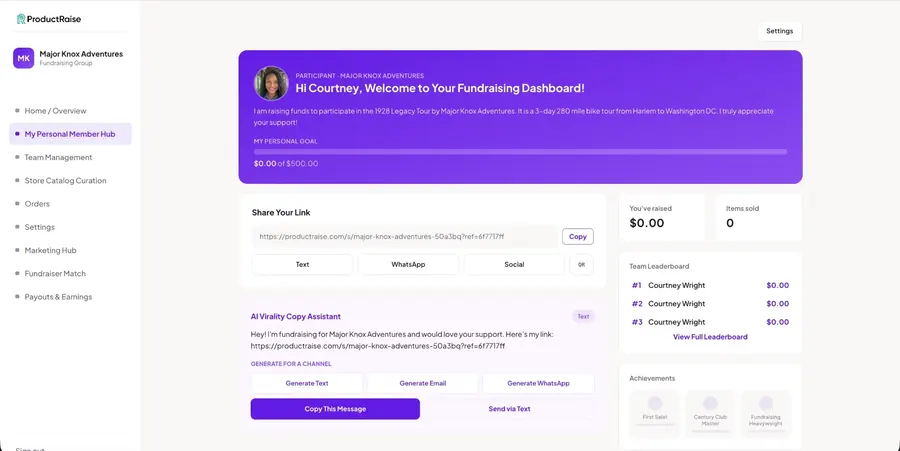 A member's ProductRaise hub with her share link